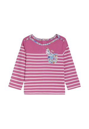 Camicia a maniche lunghe rosa con strisce orizzontali bianche, dotata di una tasca con motivo floreale e un'applicazione a forma di unicorno. Collo rotondo con rifinitura decorativa.