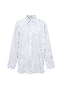Light blue and white striped button-up shirt, featuring long sleeves, a collar, and a chest pocket with "MAT" embroidered in blue on the sleeve.