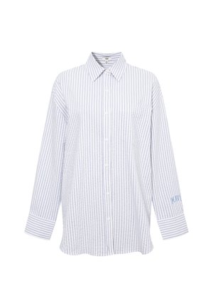 Light blue and white striped button-up shirt, featuring long sleeves, a collar, and a chest pocket with "MAT" embroidered in blue on the sleeve.