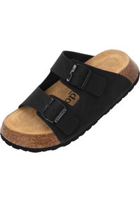 Schwarze Riemensandale mit zwei verstellbaren Riemen und schwarzen Metall-Schnallen. Korkfußbett mit einer strukturierten Oberfläche und Gummisohle.