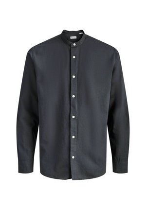 Schwarzes Langarmhemd mit Stehkragen und weißen Knöpfen auf der Vorderseite, vor weißem Hintergrund präsentiert.