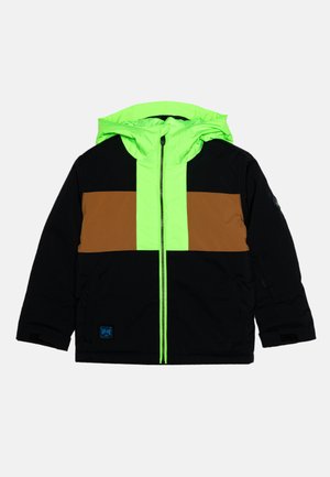 Μαύρο και καφέ μπουφάν με φούσκωμα, με φωτεινό πράσινο λωρίδα, κλείσιμο με φερμουάρ και ταιριαστή κουκούλα. Διαθέτει δύο πλαϊνές τσέπες και ελαστικούς καρπούς.