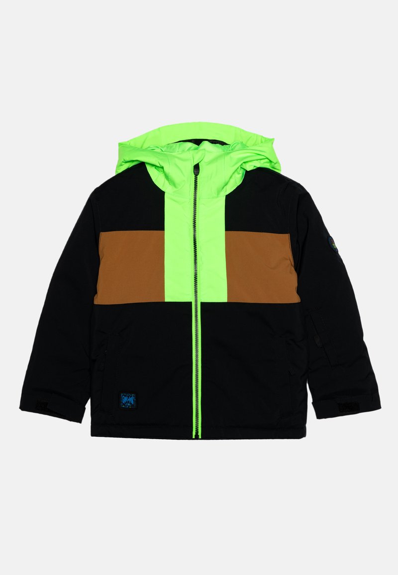 Μαύρο και καφέ μπουφάν με φούσκωμα, με φωτεινό πράσινο λωρίδα, κλείσιμο με φερμουάρ και ταιριαστή κουκούλα. Διαθέτει δύο πλαϊνές τσέπες και ελαστικούς καρπούς.