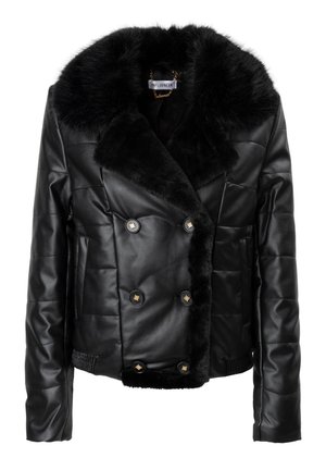 Veste en cuir synthétique noir avec un design croisé, col en fausse fourrure noire, accents en boutons dorés et texture matelassée sur toute sa surface.