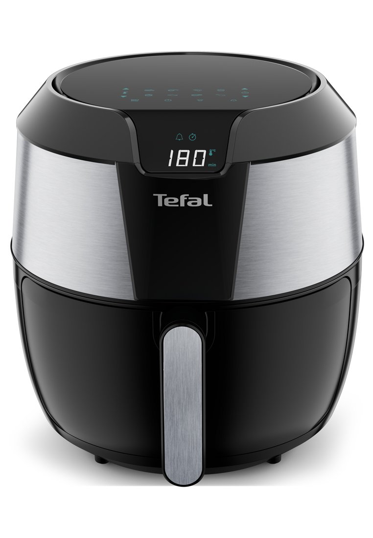 Tefal Heißluftfritteuse mit digitalem Display, das 180 °C anzeigt, Gehäuse aus Edelstahl und Schwarz, Frontgriff und Touch-Bedienfeld oben.