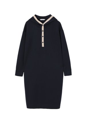 Marineblaues Kleid mit Kapuze, langen Ärmeln und einer beigen Knopfleiste am Ausschnitt. Hergestellt aus weichem Stoff mit lockerer Passform.