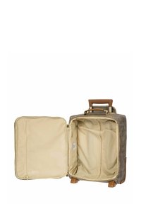 Valise rigide avec une texture tissée en gris et marron, dotée d'une poignée beige et d'un intérieur vide beige avec une poche zippée.