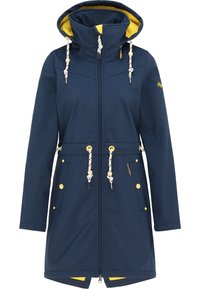 Námořnický voděodolný kabát s žlutým podšívkou kapuce, stahovací šňůrkou a předními kapsami se žlutými detaily. Hladký povrch a střední délka.