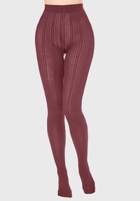 Burgundzkie rajstopy o prążkowanej teksturze i wzorze, z wysokim stanem i dopasowanym krojem na całej długości nóg.
