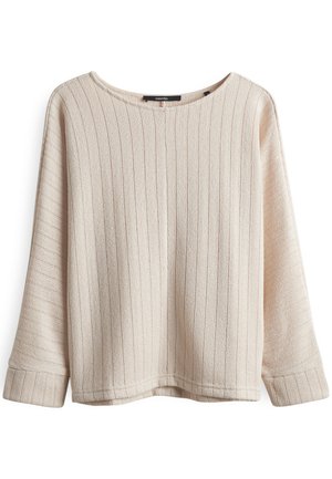 Maglione leggero beige chiaro con costine verticali, ampio collo a barca e vestibilità rilassata. Tessuto testurizzato, maniche lunghe con polsini allungati.