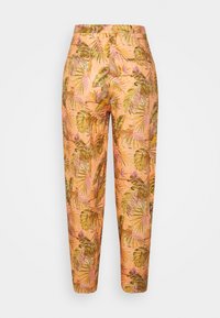 Tropiskt mönstrade byxor med en orange bas och gröna samt rosa blad och leoparder, skräddarsydd passform, hög midja och sidfickor.