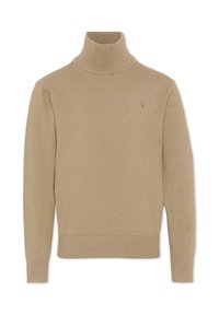 Pull à col roulé beige en maille douce. Présente des poignets et un ourlet côtelés, avec un détail de logo discret sur la poitrine gauche.