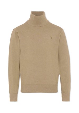 Maglione a collo alto beige realizzato in morbido tessuto a maglia. Presenta polsini e orlo a costine, con un discreto dettaglio del logo sul petto sinistro.