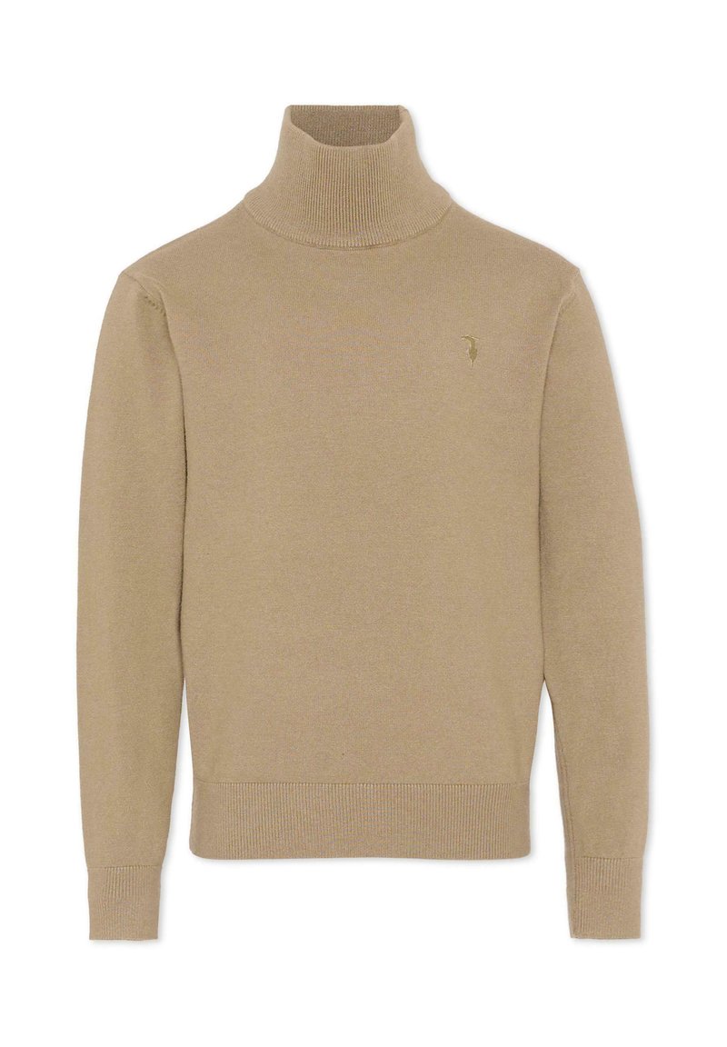 Pull à col roulé beige en maille douce. Présente des poignets et un ourlet côtelés, avec un détail de logo discret sur la poitrine gauche.