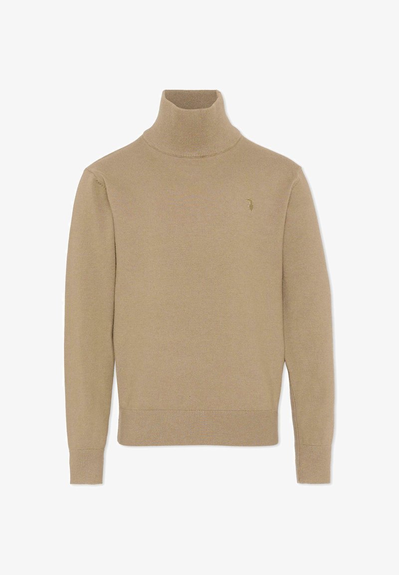Pull à col roulé beige en maille douce. Présente des poignets et un ourlet côtelés, avec un détail de logo discret sur la poitrine gauche.