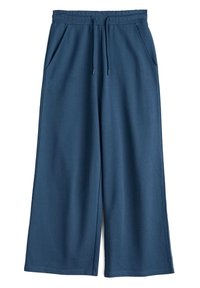 Blå vida byxor i mjuk, elastisk tyg. Har resårmidja med dragsko och sidofickor. Slät textur.