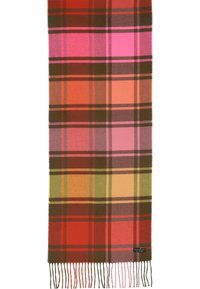 Sciarpa in lana con un motivo a quadri che presenta tonalità di rosso, rosa, arancione e verde. I bordi sono frangiati per aggiungere texture e dettagli.