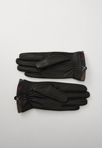 Luvas de couro pretas com um acabamento texturizado, ajustadas no pulso, apresentando um padrão xadrez multicolorido na bainha.