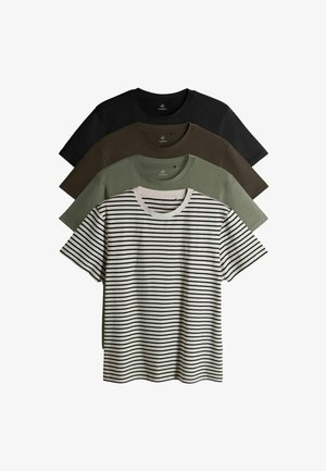 Vier opgevouwen crewneck T-shirts in zwart, donkerbruin, olijfgroen en wit met zwarte horizontale strepen, gestapeld op een witte achtergrond.