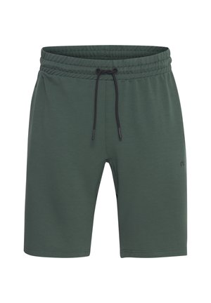 Shorts verts en tissu doux, avec une taille élastique dotée d'un cordon de serrage, et un logo discret à l'avant.