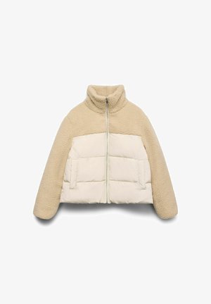 Beež sherpa fliisjope, millel on allosas tikitud esikülg, täis tõmblukk, kõrge krae ja küljetaskud, laotatud valgel taustal.