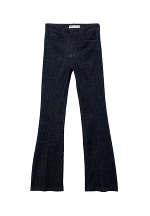 Dark blue denim jeans with a flared leg design, front pockets, and a waistband with belt loops, laid flat on a white background.