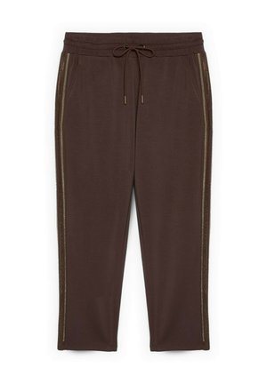 Ruskeat rentot housut, joissa on joustava vyötärönauha, kiristysnyöri, sivutaskut ja reikäkuvioitu raitakoristus ulkosyrjillä.