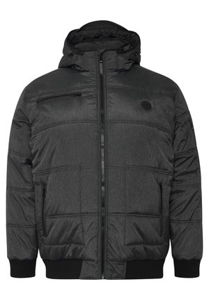 Gequilted zwarte pufferjack met capuchon, voorzien van ritszakken aan de voorkant, elastische manchetten en een logo-opdruk op de borst. Gestructureerde stof.