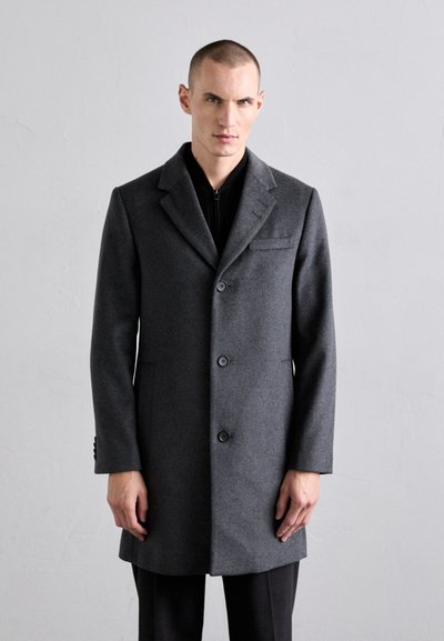 Schwarzer Wollmantel in Anthrazit mit einreihigem Design, Reverskragen und drei vorderen Knöpfen. Verfügt über eine Brusttasche und Seitentaschen.