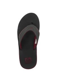 Black flip-flop with a textured sole, featuring a grey strap with maroon accents and stitching. The logo "REEF" is visible on the footbed.
