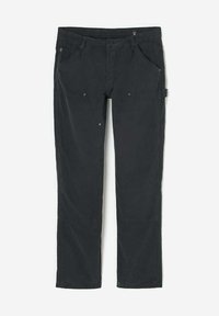 Pantalons noirs à jambes droites en tissu durable, avec des poches avant et des poches utilitaires sur les côtés pour le rangement.