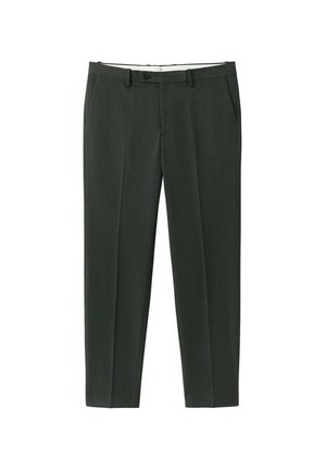 Pantalones ajustados de color verde oscuro con trabillas para el cinturón, botón y cremallera delanteros, y bolsillos laterales, mostrados planos sobre un fondo blanco.