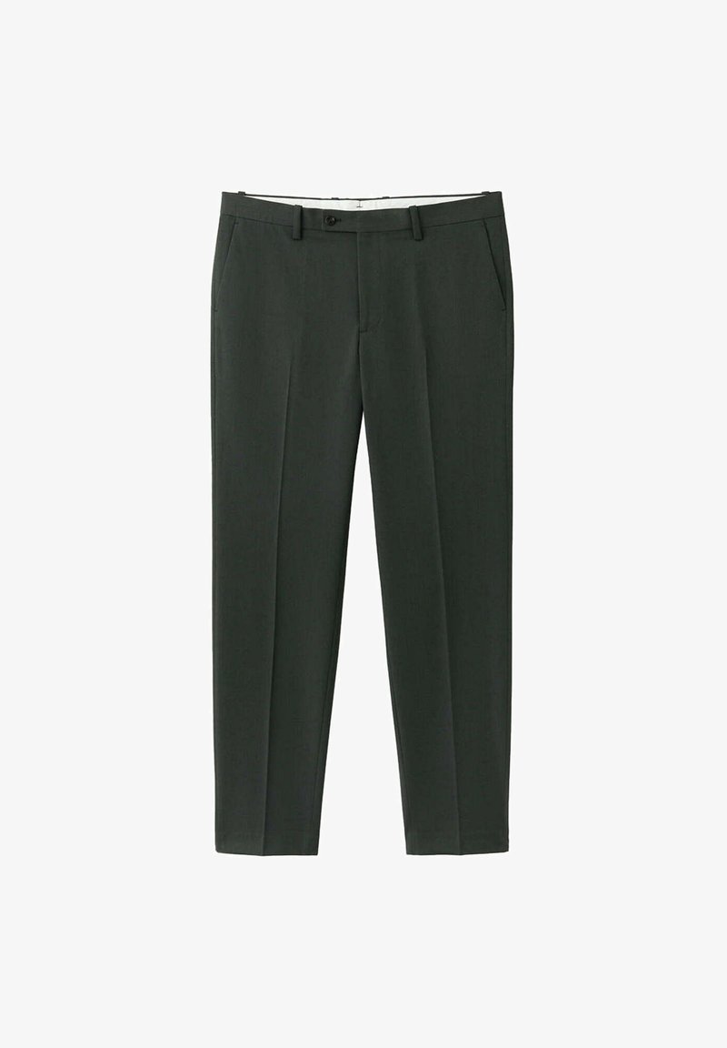 Pantalon vert foncé sur mesure avec passants de ceinture, bouton et fermeture éclair à l'avant, et poches latérales, présenté à plat sur fond blanc.