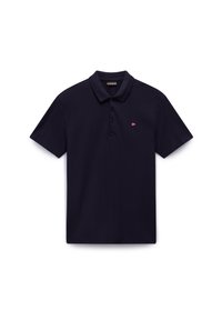 Marineblå polo-skjorte laget av bomull, med klassisk krage, tre-knaps placket, og en liten logo med røde og hvite detaljer.