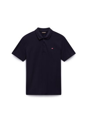 Navy blue polo shirt made of cotton, featuring a classic collar, three button placket, and a small logo with red and white accents.