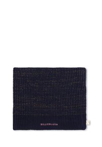 Sciarpa lavorata a maglia blu navy con filati luccicanti, caratterizzata da una texture a costine e un logo "BILLIEBLUSH" rosa nell'angolo in basso a destra.