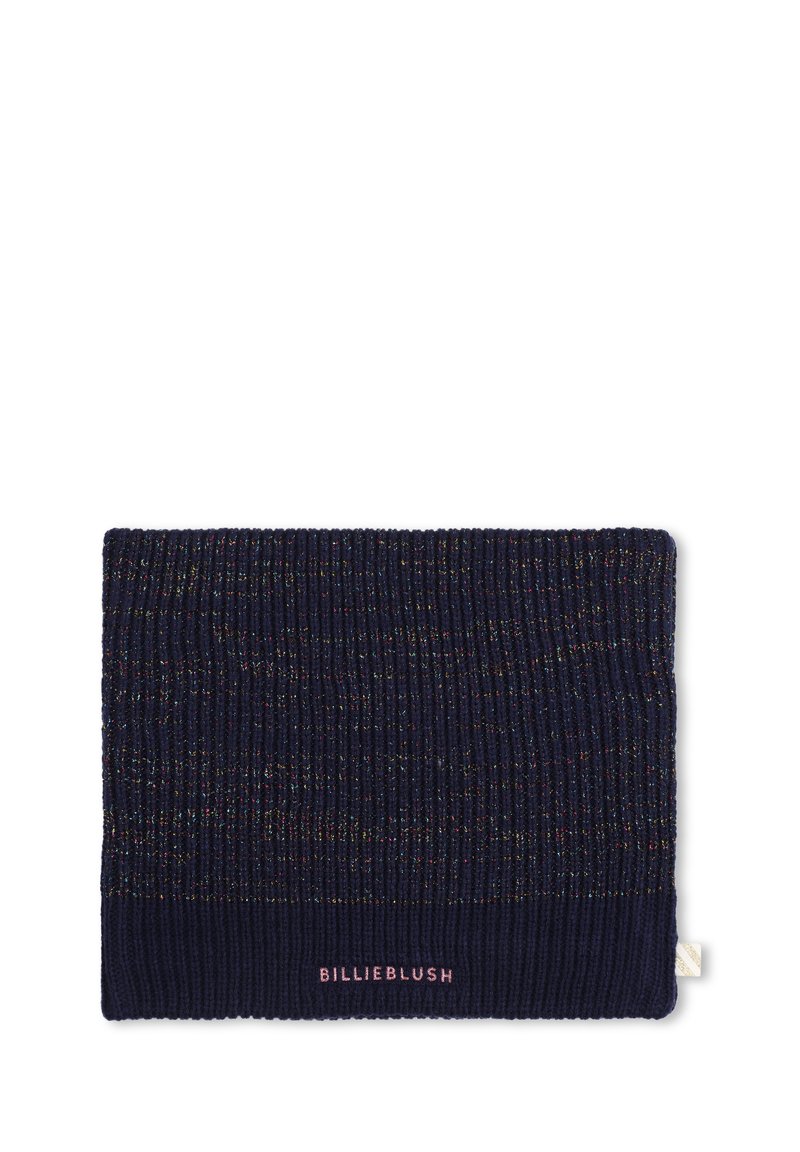 Sciarpa lavorata a maglia blu navy con filati luccicanti, caratterizzata da una texture a costine e un logo "BILLIEBLUSH" rosa nell'angolo in basso a destra.