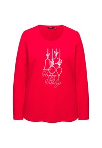 Rode longsleeve T-shirt met een ronde hals, versierd met witte feestdagen-thema graphics van bellen, versieringen en de tekst "Fijne Feestdagen."