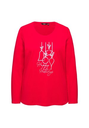 Czerwona longsleeve z okrągłym dekoltem, ozdobiona białymi grafikami w tematyce świątecznej, takimi jak dzwonki, ozdoby oraz napisem "Wesołych Świąt".