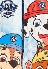 Tissu à thème des personnages de la Pat' Patrouille présentant des chiens de dessin animé, principalement en bleu et blanc, avec des contours audacieux et des expressions ludiques, textures détaillées.