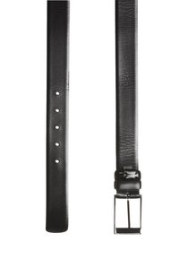 Ceinture en cuir noir avec une texture lisse, présentant plusieurs trous pour un ajustement et une boucle en métal argenté avec un cadre carré.