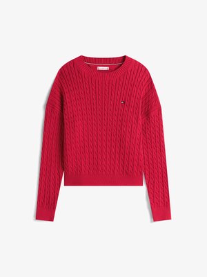 Czerwony sweter o splocie warkoczowym z okrągłym dekoltem i długimi rękawami. Posiada ściągacze na mankietach i dolnym brzegu; małe logo na piersi. Miękka tekstura.