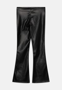 Black flared leggings made of smooth, textured faux leather, featuring a fitted waistband and flared hem at the bottom.
