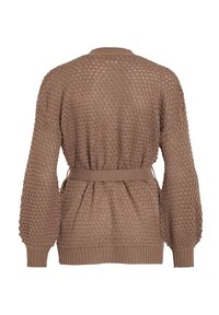 Cardigan en tricot marron avec un motif texturé, taille ceinturée et manches longues légèrement bouffantes. Les poignets et l'ourlet côtelés ajoutent une touche de détail.