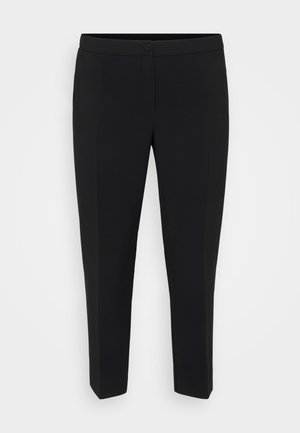 Black tailored pants with a slim fit, featuring a button closure, smooth texture, and creased front for a refined appearance.