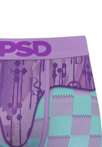 Lilla boksershorts med et mønstret midjebånd, som har en blanding av grafiske former og teal-aksenter, designet for komfort og stil.