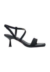 Zwarte sandalen met hoge hakken, voorzien van slanke kruislings gespen, vierkante neusontwerp en een taps toelopende hak. Gemaakt van een glad leerachtig materiaal.