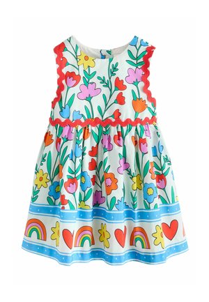 Ärmelloses weißes Kleid mit buntem Blumenmuster, rotem Saum und unterem Rand mit Regenbögen, Herzen und gelben Blumen auf blauen Streifen.