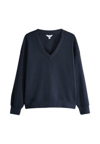 Marineblå sweatshirt med dyb V-hals, drop-shoulders og ribbede manchetter. Blødt, tekstureret stof med en afslappet pasform.