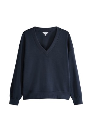 Sudadera azul marino con un profundo cuello en V, hombros caídos y puños de canalé. Tejido suave y texturizado con un corte relajado.